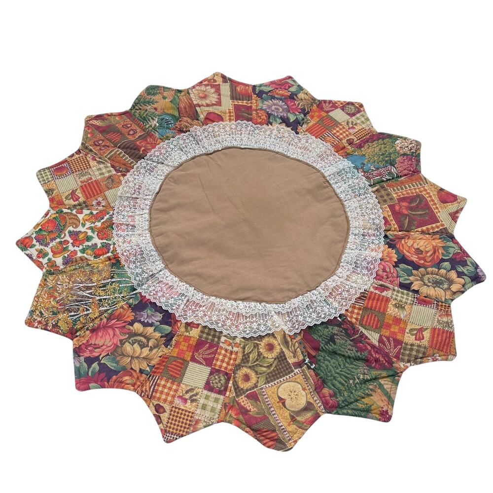 Vintage Handmade Quilted Fall Table Topper 32" Autumn Patchwork Lace Centerpiece